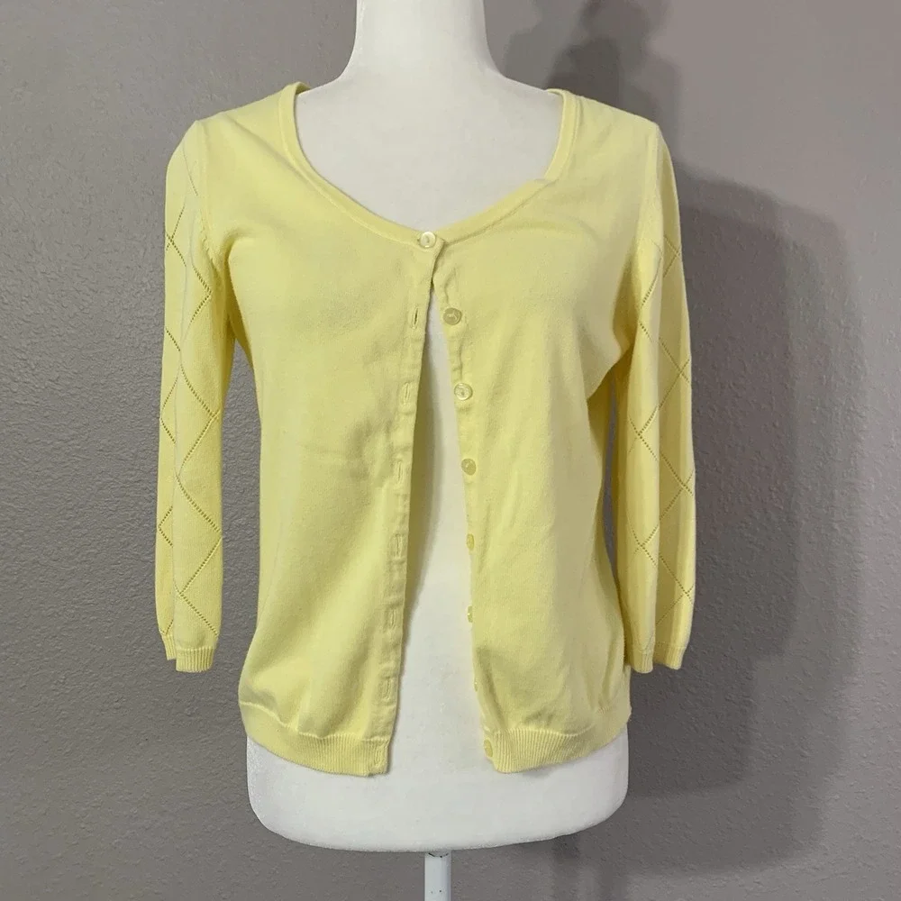 VTG Caslon Women's Petite Mp Butter Yellow 3/4 Sleeve Cotton Argyle‎ Cardigan